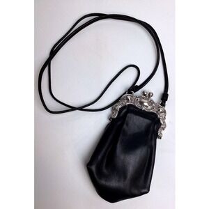 Brighton One World Blck Leather Crossbody Purse Silver Kiss Lock Clasp Wimsigoth